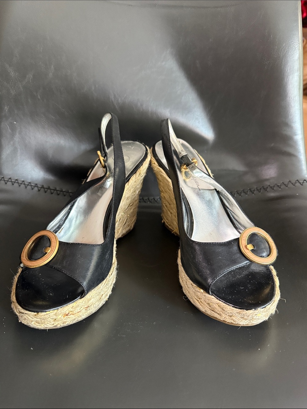 Jessica Simpson Black Espadrille Wedge Slingbacks with Gold Ring Detail